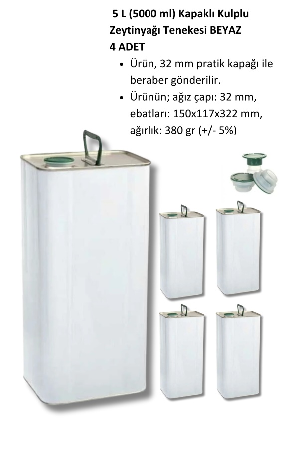 5L (5000 ML) BOŞ ZYTİNYAĞI TENEKESİ BEYAZ KAPAKLI X 4 ADET