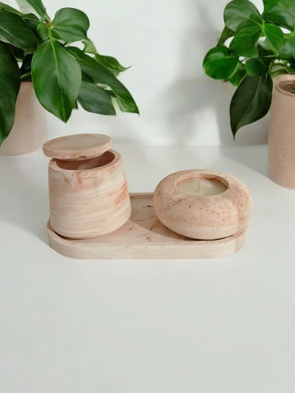 Gül Kokulu Kapaklı Mum Seti Pembe Desenli