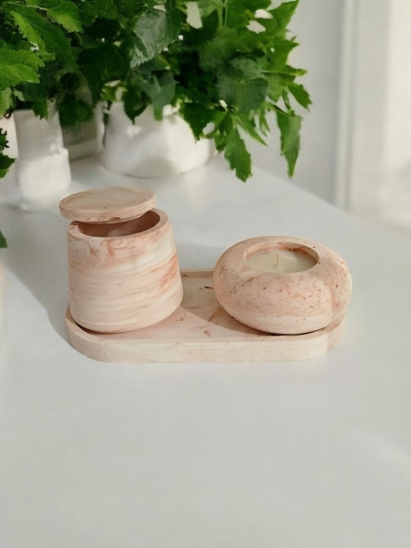 Kahve Kokulu Kapaklı Mum Seti Pembe Desenli