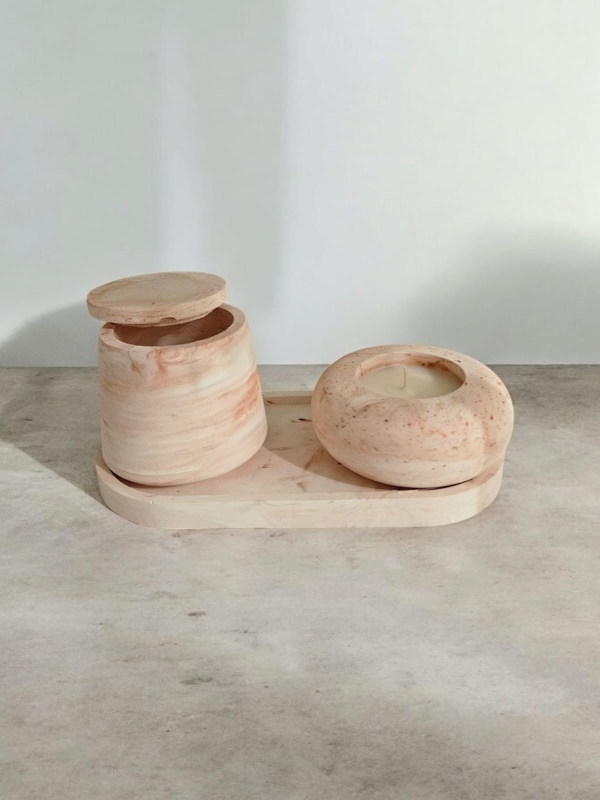 Sandal Kokulu Kapaklı Mum Seti Pembe Desenli